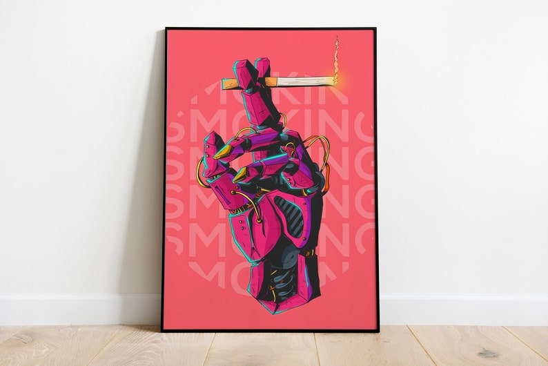 May include: A pink robotic hand holding a lit cigarette with the word "SMOKING" repeated in a circular pattern on a pink background.
