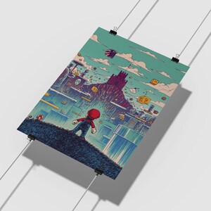 May include: A digital illustration of a video game character, Mario, standing on a green hill, looking up at a large castle in the distance. The background is a blue sky with clouds and floating blocks. The image is in a retro pixelated style.