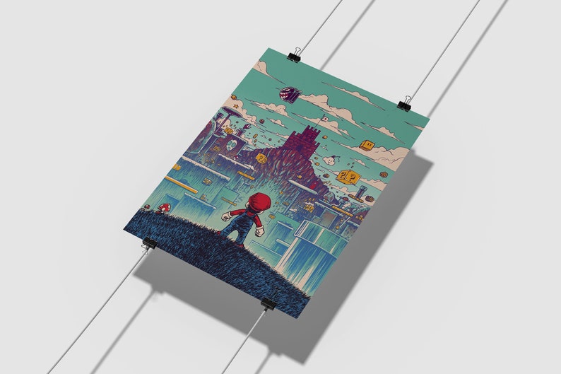 May include: A digital illustration of a video game character, Mario, standing on a green hill, looking up at a large castle in the distance. The background is a blue sky with clouds and floating blocks. The image is in a retro pixelated style.