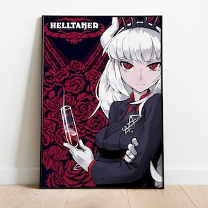 May include: A digital illustration of a woman with white hair and red eyes. She is wearing a black and red outfit and holding a glass of red liquid. The background is a dark blue with red roses.
