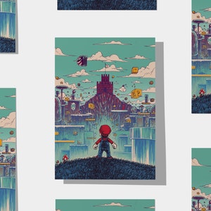 May include: A digital illustration of a video game character, Mario, standing on a green hill, looking up at a large castle in the distance. The background is a blue sky with white clouds and a cityscape of floating platforms and blocks.