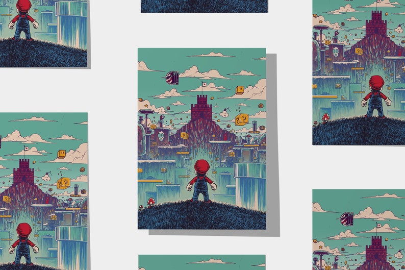 May include: A digital illustration of a video game character, Mario, standing on a green hill, looking up at a large castle in the distance. The background is a blue sky with white clouds and a cityscape of floating platforms and blocks.