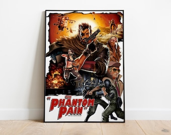 Può includere: Un poster incorniciato con illustrazioni di "Metal Gear Solid V: The Phantom Pain". L'opera mostra scene d'azione con personaggi, armi ed esplosioni, su uno sfondo infuocato. Il titolo è rosso, con "Metal Gear Solid" sotto.