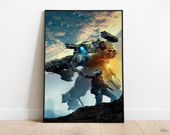 May include: A futuristic, green and gray mech stands on a rocky cliff, with a human figure in a black and gray suit holding a gun and looking up at the mech. The background is a cloudy sky with a sunset.