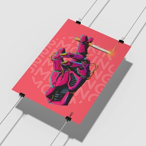 May include: A pink and blue robotic hand holding a lit cigarette. The background is a pink poster with the text "Don't Smoking" repeated in a pattern.