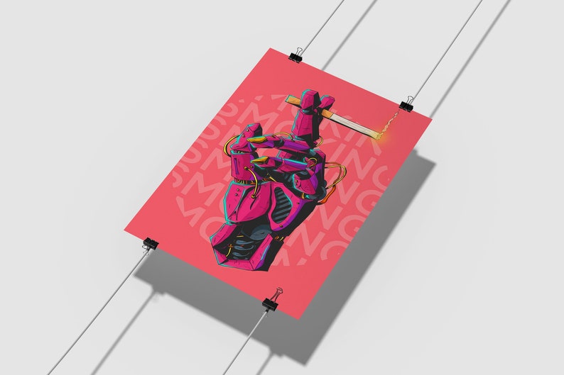 May include: A pink and blue robotic hand holding a lit cigarette. The background is a pink poster with the text "Don't Smoking" repeated in a pattern.