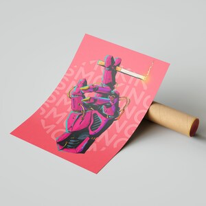 May include: A pink and blue robotic hand holding a lit cigarette. The background is a pink poster with the word "SMOKING" repeated in a pattern.