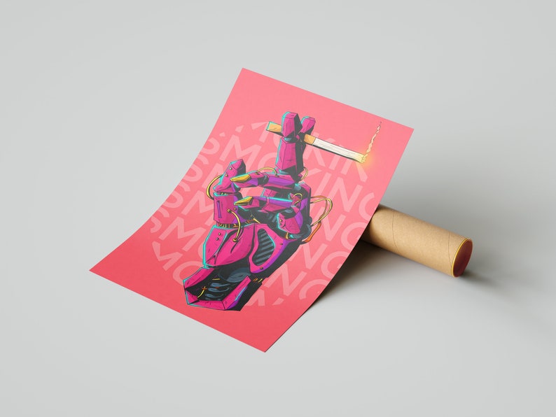 May include: A pink and blue robotic hand holding a lit cigarette. The background is a pink poster with the word "SMOKING" repeated in a pattern.