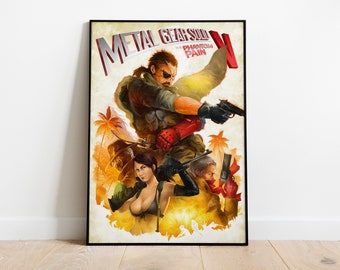 Può includere: Un poster per il videogioco Metal Gear Solid V: The Phantom Pain. Il poster presenta un personaggio con un braccio rosso e una bandana, che tiene una pistola. Ci sono altri due personaggi sullo sfondo, uno con una sciarpa rossa e l'altro con un top di bikini nero.