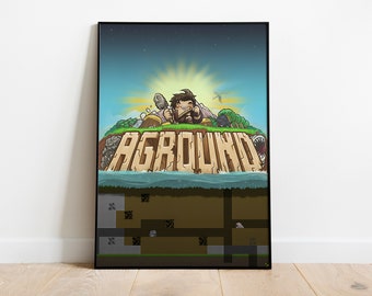 May include: A digital illustration of a video game called "AGROUND". The game features a cartoon character holding a pickaxe and standing on a large island with the game title written in large letters. The island is surrounded by water and there is a small underground area visible below the water.