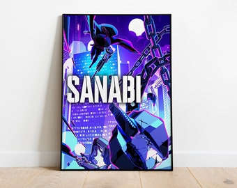 May include: A digital art print featuring a futuristic cityscape with a large chain and a figure in the foreground. The text "SANABI" is prominently displayed in white letters.