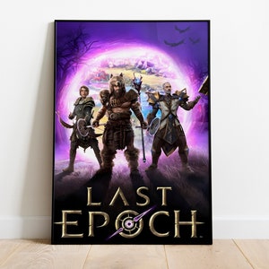 Op de afbeelding: Een poster voor het videospel Last Epoch, met drie personages voor een paarse portal. De personages zijn een krijger, een tovenaar en een dief. De titel van het spel is in gouden letters.