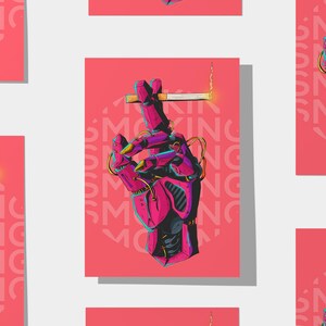 May include: A pink robotic hand holding a lit cigarette. The background is a pink square with the word "SMOKING" repeated in a pattern.