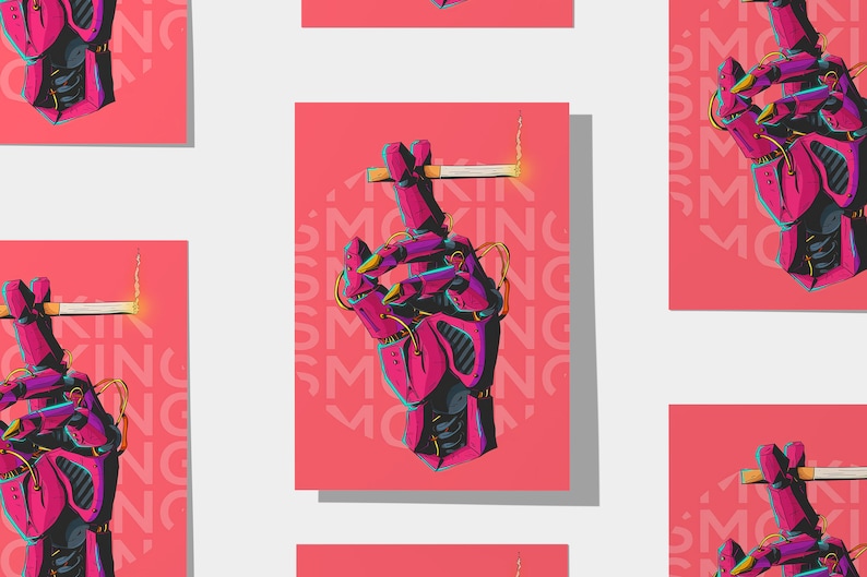 May include: A pink robotic hand holding a lit cigarette. The background is a pink square with the word "SMOKING" repeated in a pattern.