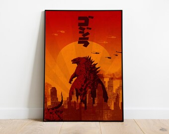 Könnte beinhalten: Ein rotes und oranges Poster mit einer Silhouette von Godzilla, der vor einer Skyline einer Stadt steht. Das japanische Wort "Godzilla" ist in großen Buchstaben oben auf dem Poster geschrieben.