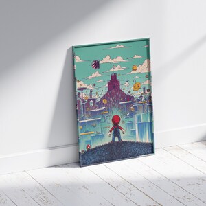 May include: A digital illustration of a video game character standing in front of a castle. The character is wearing a red hat and blue overalls. The castle is surrounded by clouds and other buildings. The background is a light blue color.