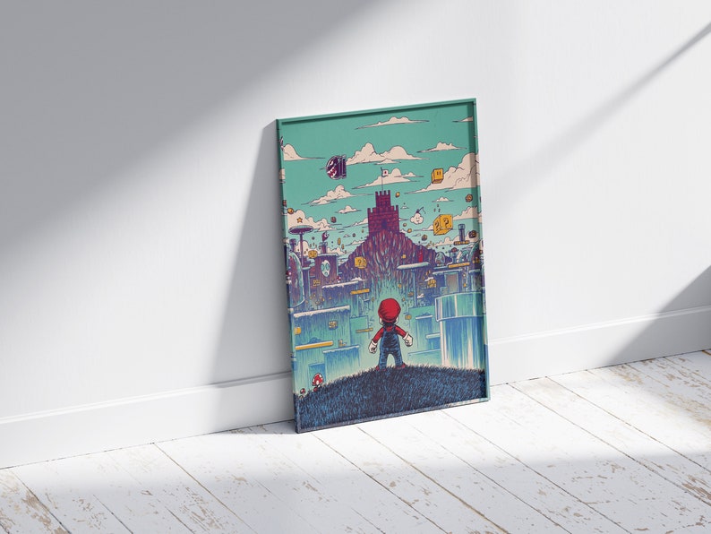 May include: A digital illustration of a video game character standing in front of a castle. The character is wearing a red hat and blue overalls. The castle is surrounded by clouds and other buildings. The background is a light blue color.