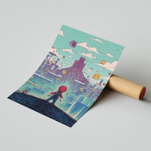 May include: A digital illustration of a video game character, Mario, standing on a green hill and looking up at a large castle in the distance. The castle is surrounded by clouds and other video game elements, such as blocks and pipes.