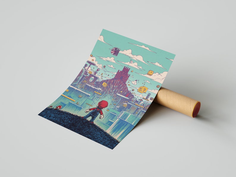 May include: A digital illustration of a video game character, Mario, standing on a green hill and looking up at a large castle in the distance. The castle is surrounded by clouds and other video game elements, such as blocks and pipes.