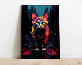 May include: A colorful, abstract cat illustration with a futuristic city background. The cat is rendered in a vibrant palette of pink, yellow, blue, and green.