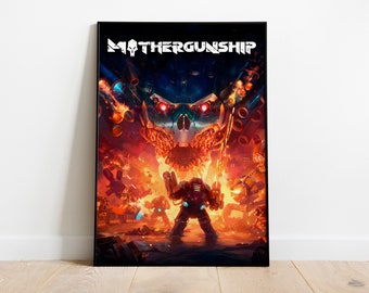 Può includere: Un poster per il videogioco "MOTHERSHIP" che presenta una grande astronave minacciosa a forma di teschio con occhi rossi su uno sfondo infuocato. Una figura più piccola, corazzata e robotica si trova in primo piano.