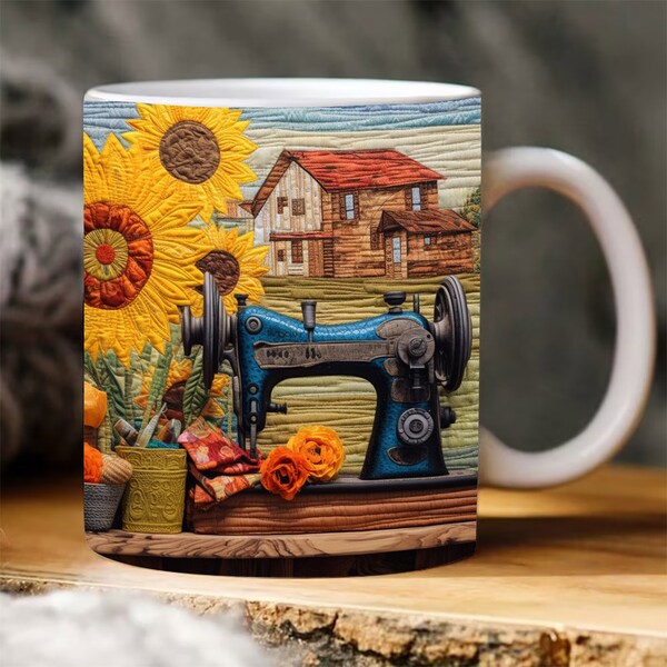 3D Embroidery Sunflower Mug Wrap Design, 3D Sewing Machine Mug, 3D Sunflower Mug Design, 3D Mug, 11oz,15oz Mug Sublimation