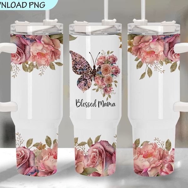 Mother's Day 40oz Tumbler Wrap Design, Blessed Mama Sublimation Designs, Mother's Day PNG, Seamless Sublimation Tumbler with Handle Wrap