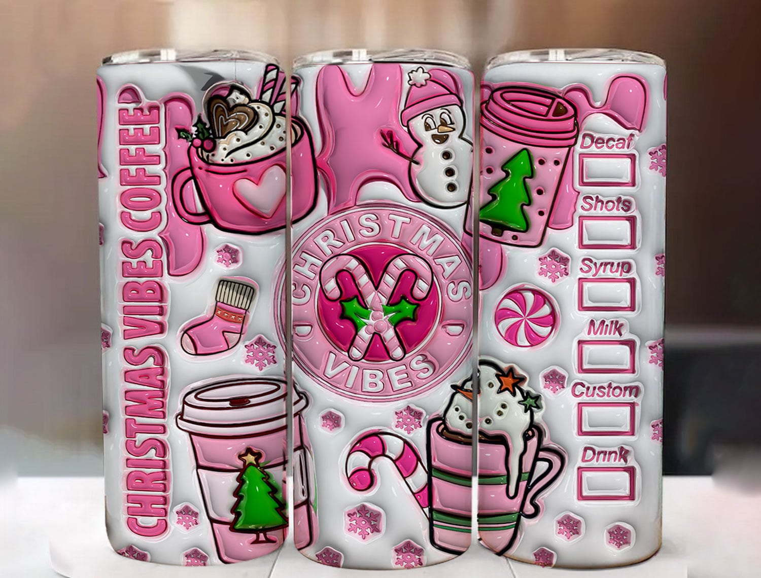 3D Pink Christmas Vibes Coffee Inflated Tumbler , Santa Claus Puffy, Hot Cocoa Tumbler, Candy Cane Inflated, Winter Season Tumbler 