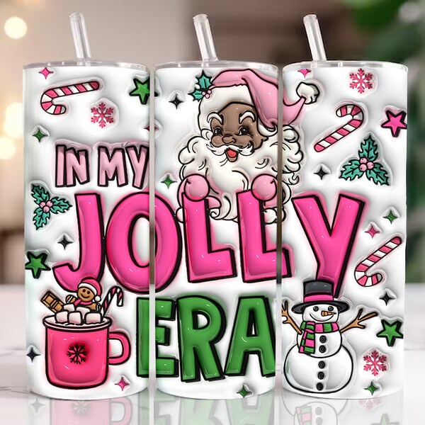 3D In My Jolly Era Inflated Tumbler Wrap, Pink Christmas Puffy, 3D Puff African American Santa Claus,  Milk Cookie For Santa, Black Santa