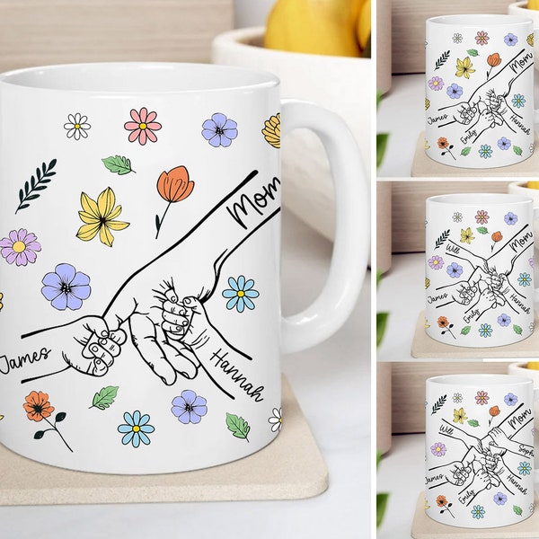 Personalized Holding Mom‘s Hand 3D Mug PNG Bundle, Mother's Day Floral Mug png, Mothers Day 3d Mug, Add your Names, Nana with Kids