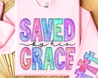 Saved By His Grace Faux Sequins Embroidered PNG, Easter Christian Png, Easter Bible Verse, Risen doodle png, retro easter png, Boho Design