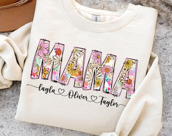 Floral Mama png, Mama Flower Leopard png, Mama Flower with Kids Names, Mama floral, Custom Mama groovy png, Mother's Day Gift, Mama Design