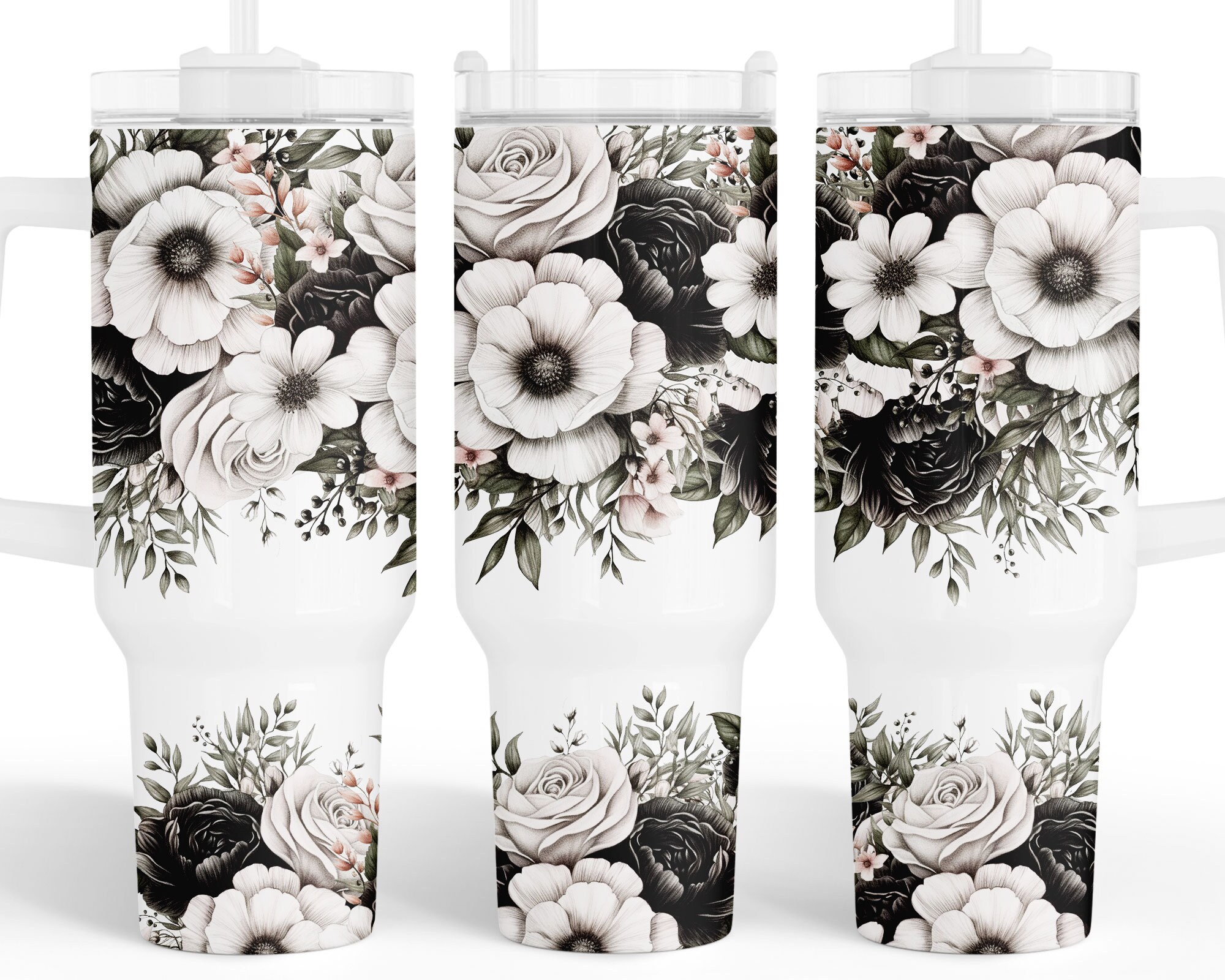 Black and White 40oz Tumbler  Floral Seamless 40oz Quencher Tumbler