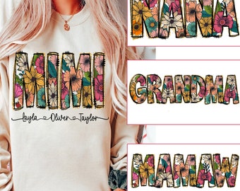 Floral Nana Grandma Bundle png, Nana Flower Glitter png, Nana Flower with Kids Names, Mimi floral,  Mamaw Floral png, Mother's Day Gift