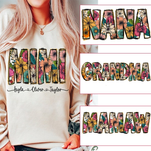 Floral Nana Grandma Bundle png, Nana Flower Glitter png, Nana Flower with Kids Names, Mimi floral,  Mamaw Floral png, Mother's Day Gift