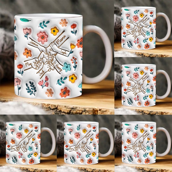 Paquete PNG de taza inflada 3D personalizada con la mano de mamá, taza floral del Día de la Madre png, taza 3D del Día de la Madre, agregue sus nombres, Nana con niños