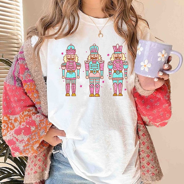 Pink Christmas PNG Nutcrackers PNG, Vintage Christmas Sweatshirt Sublimation Design, Sparkly Glitter Sequin Retro PNG, Glitter Christmas Png
