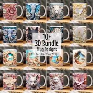 15+ 3D Mug Wrap Bundle, 3D Flowers Mug Wrap, 3D Beach Mug Wrap, 3D Cat Mug Wrap, 11oz 15oz Mug PNG Mug Bundle, 3D Floral Mug Sublimation