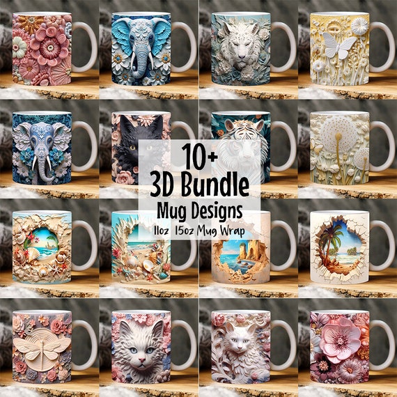 15+ 3D Mug Wrap Bundle, 3D Flowers Mug Wrap, 3D Beach Mug Wrap, 3D Cat Mug  Wrap, 11oz 15oz Mug PNG Mug Bundle, 3D Floral Mug Sublimation