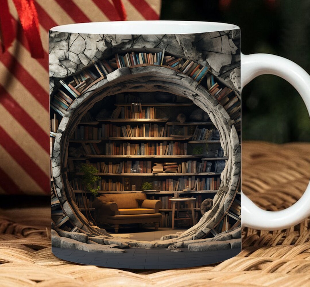 3D Book Mug Wrap, 3D Bookshelf Mug Wrap Sublimation Design PNG, 3D Book