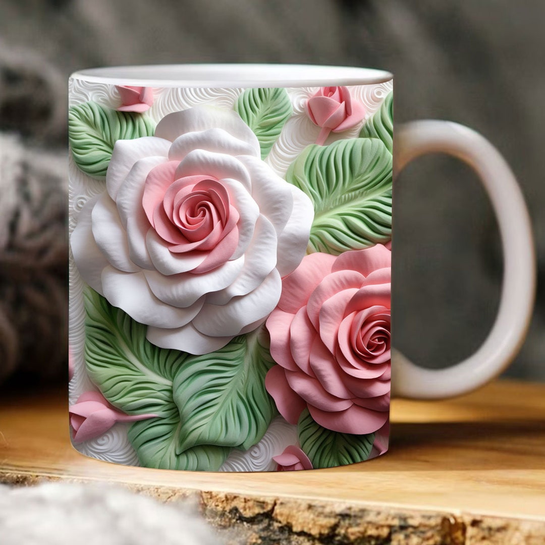 3D Pink Green Rose Flower Mug, Pink Roses Floral Mug, Wedding Mug ...