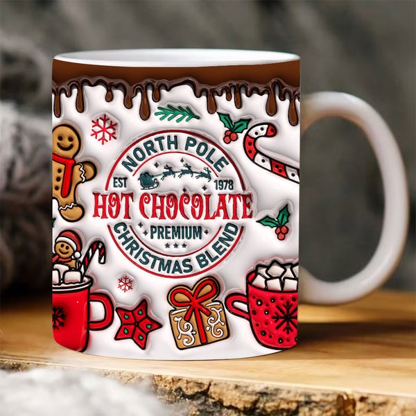 Enveloppement de tasse gonflée au cacao chaud de Noël 3D, tasse de Noël du pôle Nord, conception de sublimation de tasse de Noël gonflée, tasse d’ambiance de Noël, cadeau de Noël