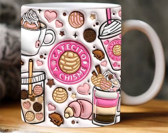 3D Cafecito y Chisme Inflated Mug Wrap, 3D Pan Dulce Mug Sublimation, Mexican Gifts, Puffy Coffee Mug, Conchas Mexicanas, Digital Download