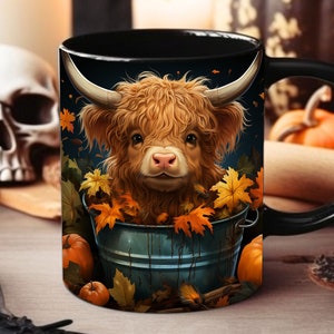 Autumn Highland Cow in Bucket Mug Sublimation Design Digital Download, 11oz 15oz Halloween Highland Cow Mug Png, Fall Vibes Pumpkin Mug Wrap