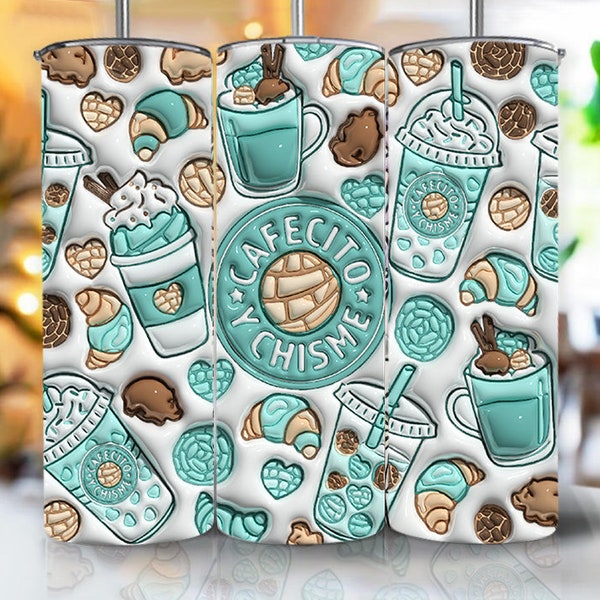 3D Cafecito y Chisme Green Mint Inflated Tumbler Wrap, 3D Pan Dulce Tumbler, Mexican Gifts, Puffy Coffee 20oz Tumbler, Conchas Mexicanas