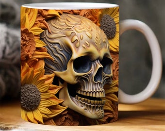 3D Schädel Becher Sublimation Design, 3D Sonnenblume Becher PNG, 11 Unzen 15 Unzen Becher Sublimation PNG, Holzbecher, 3D Becher PNG Gothic Halloween Becher