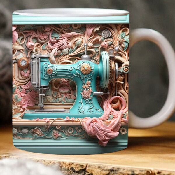 3D Sewing Mug, 3D Floral Sewing Machine 11oz,15oz Mug Sublimation Wrap, Digital Download Mug PNG, 3D Mug Wrap Coffee Mug PNG