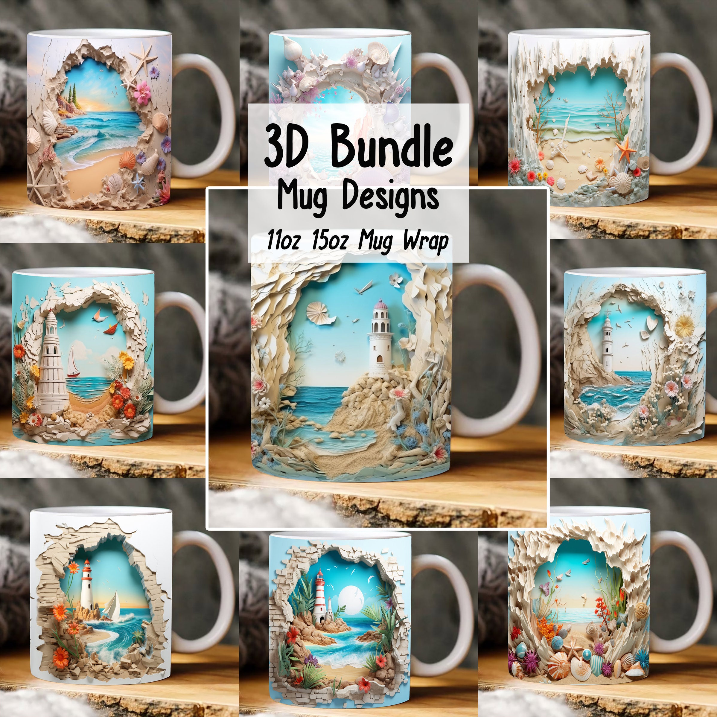 3D Hole In A Wall Beach Landscape Mug Wrap Design, 3D Beach Mug, 3D Beach  Seashells In Mug Design, 3D Mug, 11oz,15oz Mug Sublimation Png