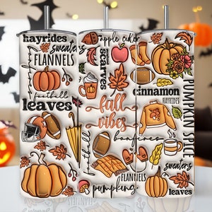 3D Fall Vibes Inflated Tumbler Wrap, 3D Flannels Pumpkins Bonfire Inflated Tumbler, 3D Fall Pumpkin Tumbler, Autumn Pumpkin Tumbler Wrap