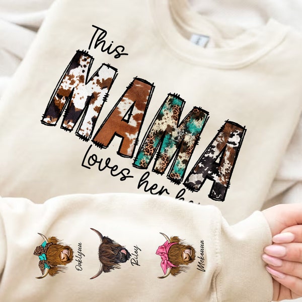This MAMA wears her herds on her sleeve PNG, Custom Mama valentines day png, Cowhide Mama with highland cows, Valentine Mama png